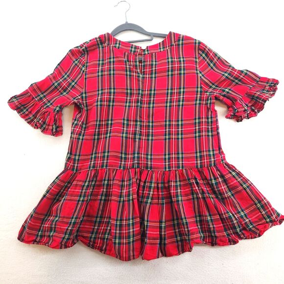 LaRoque Red Plaid Ruffle Peplum Blouse Size M Feminine Top Short Sleeve Casual - Picture 2 of 7